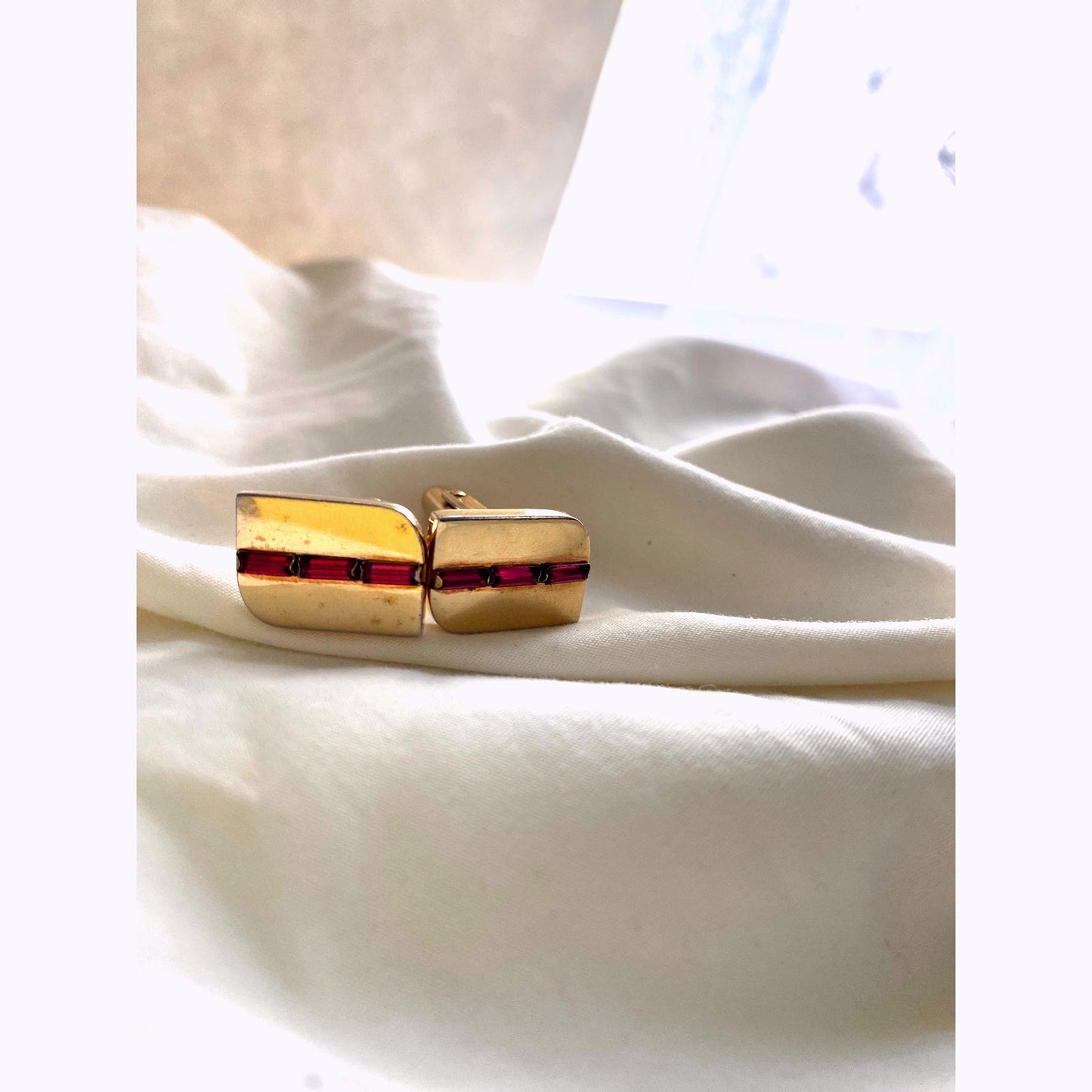 Vintage Yellow Gold-Plated Cuff links with red garnet inlay Classic mens Gift for him