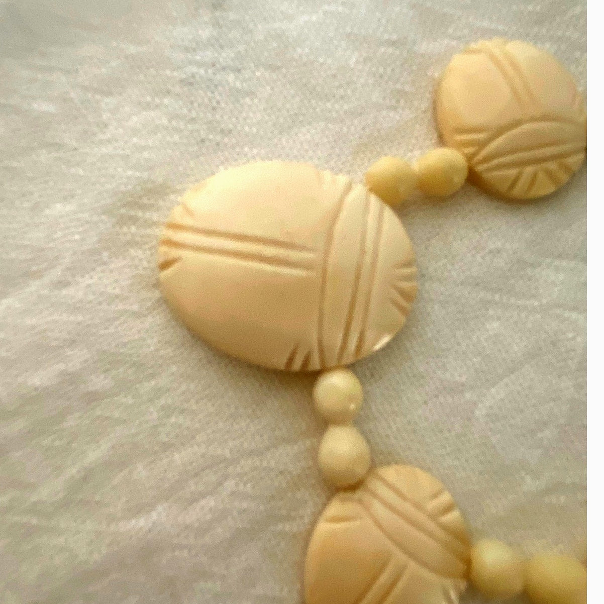1920 Carved Scarab Necklace Egyptian Revival Cream Beads made from Lucite Rare