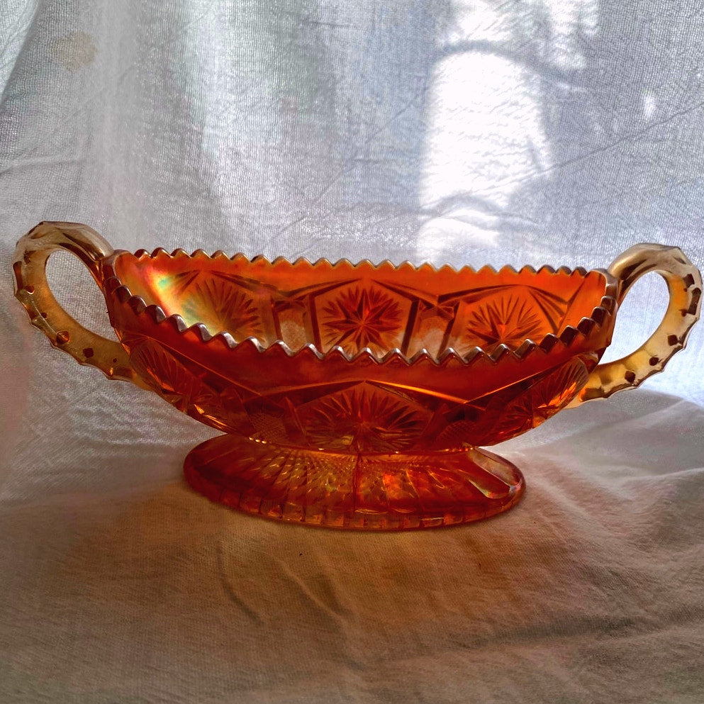 Aber Carnival Glass Candy dish Double handed footed bowl Starburst Pattern