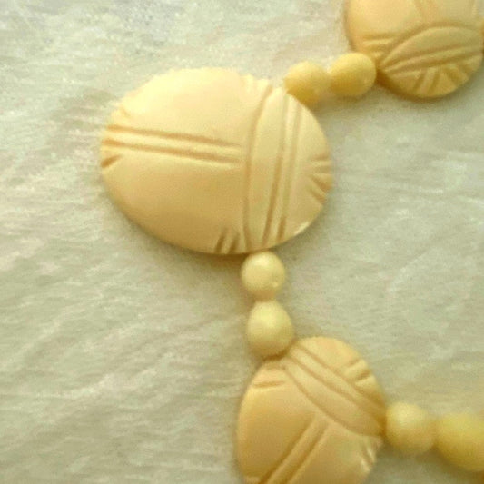 1920 Carved Scarab Necklace Egyptian Revival Cream Beads made from Lucite Rare