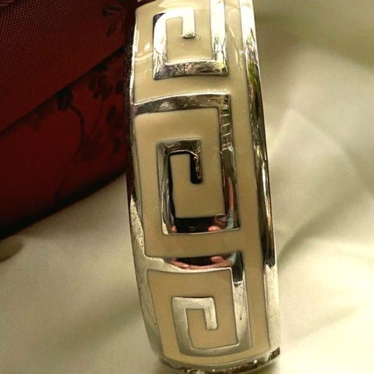 Vintage Greek key bangle Bracelet Cream enamel and silver tones midcentury retro