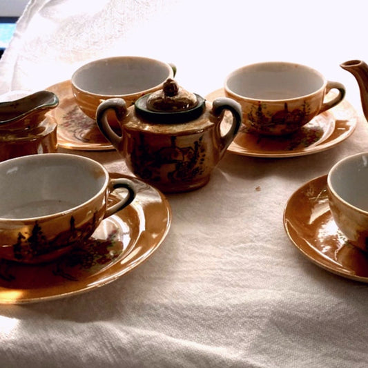 Vintage Japanese Lusterware Tea Set Iridescent Peach with church scene childrens