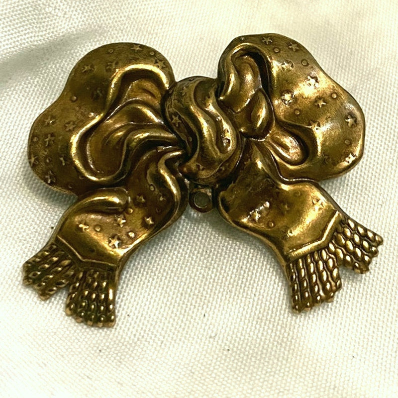 Vintage Brass Bow Brooch Textured Ribbon pin with etched fringe details