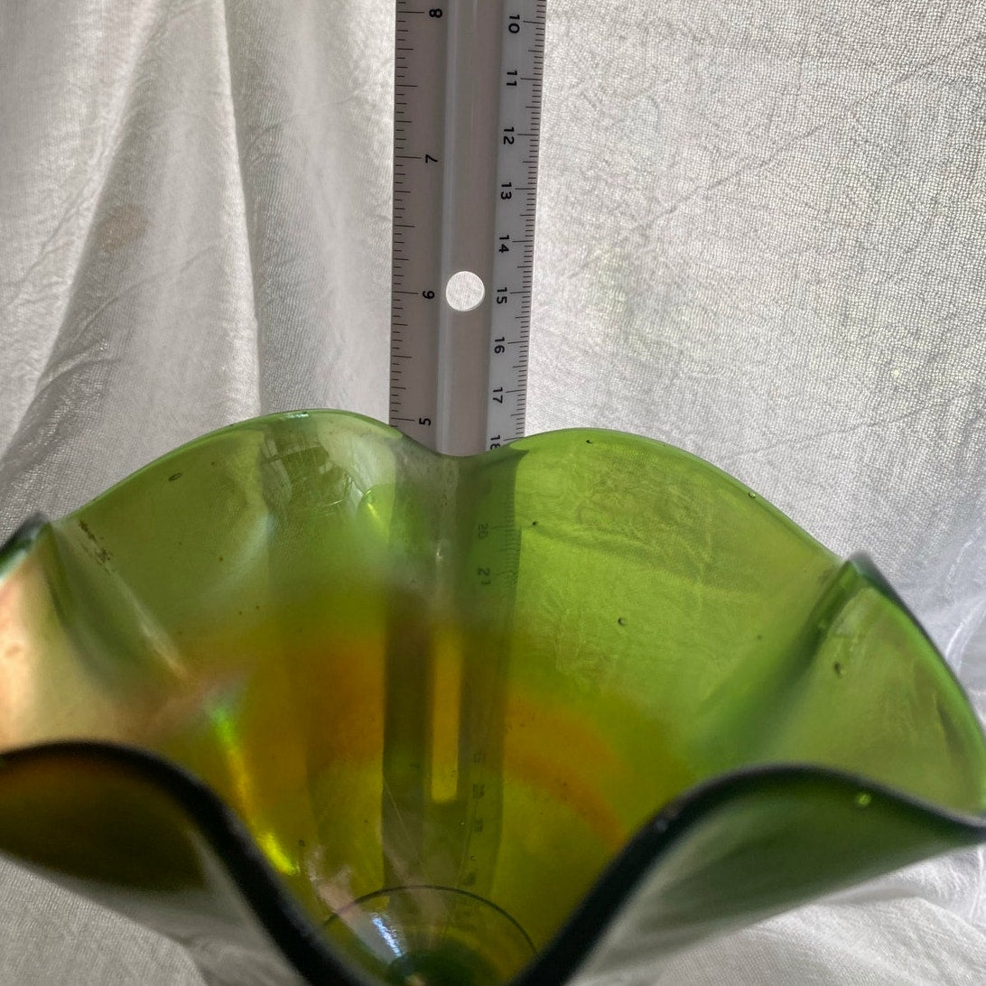 Vintage green glass Compote ruffled edges Pedestal bowl elegant art glass piece