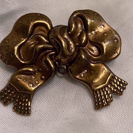 Vintage Brass Bow Brooch Textured Ribbon pin with etched fringe details