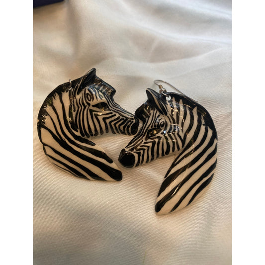 Zebra head earrings designer jewelry, artisanal dangling