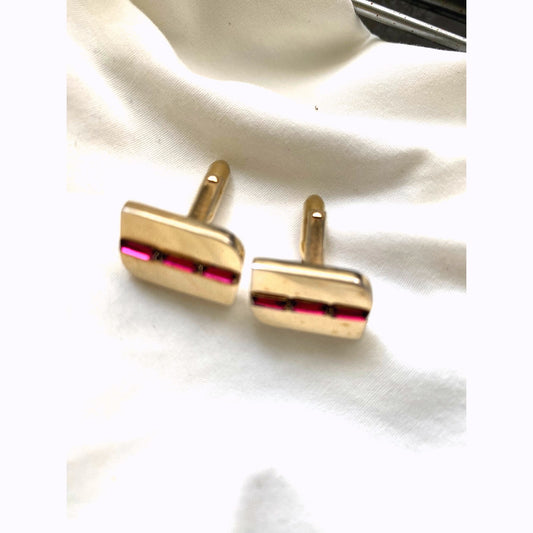 Vintage Yellow Gold-Plated Cuff links with red garnet inlay Classic mens Gift for him