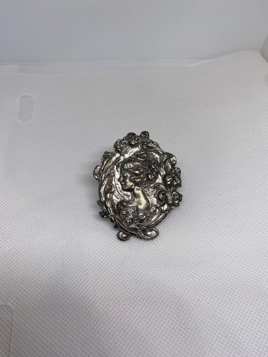 Art Nouveau Victorian Lady Cameo Pewter Brooch Pin