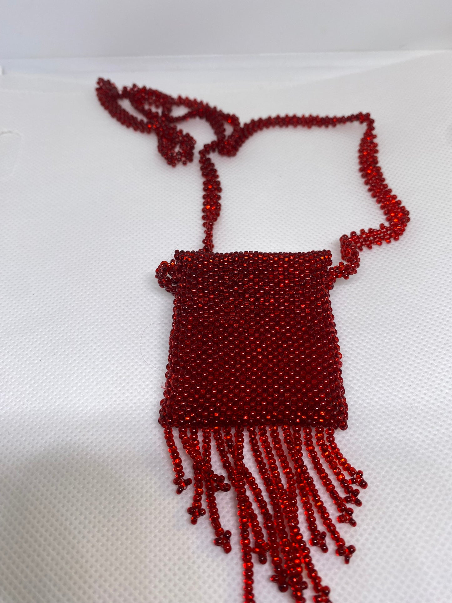 Beaded Garnet seed bead bag necklace medicine purse,