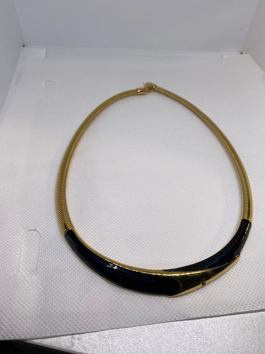 Monet omega checker stretch flex gold black enamel necklace