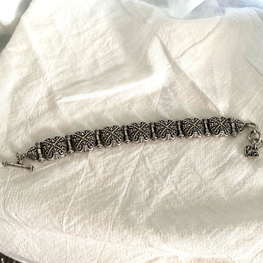 Vintage Bali Silver tone Orange link bracelet with toggle clasp and heart charm