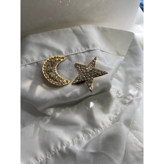 Vintage 1980s Rhinestone star and moon earring clip on