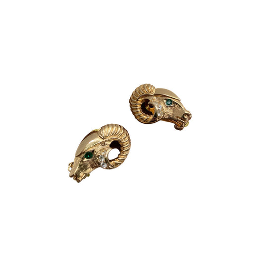 Vintage Kenneth jay Lane for Avon Ram's head in gold with green jeweled eye.