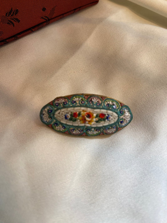 Italian Micro Mosaic brooch floral tiles Oval shaped gold plated metal Vintahe1940