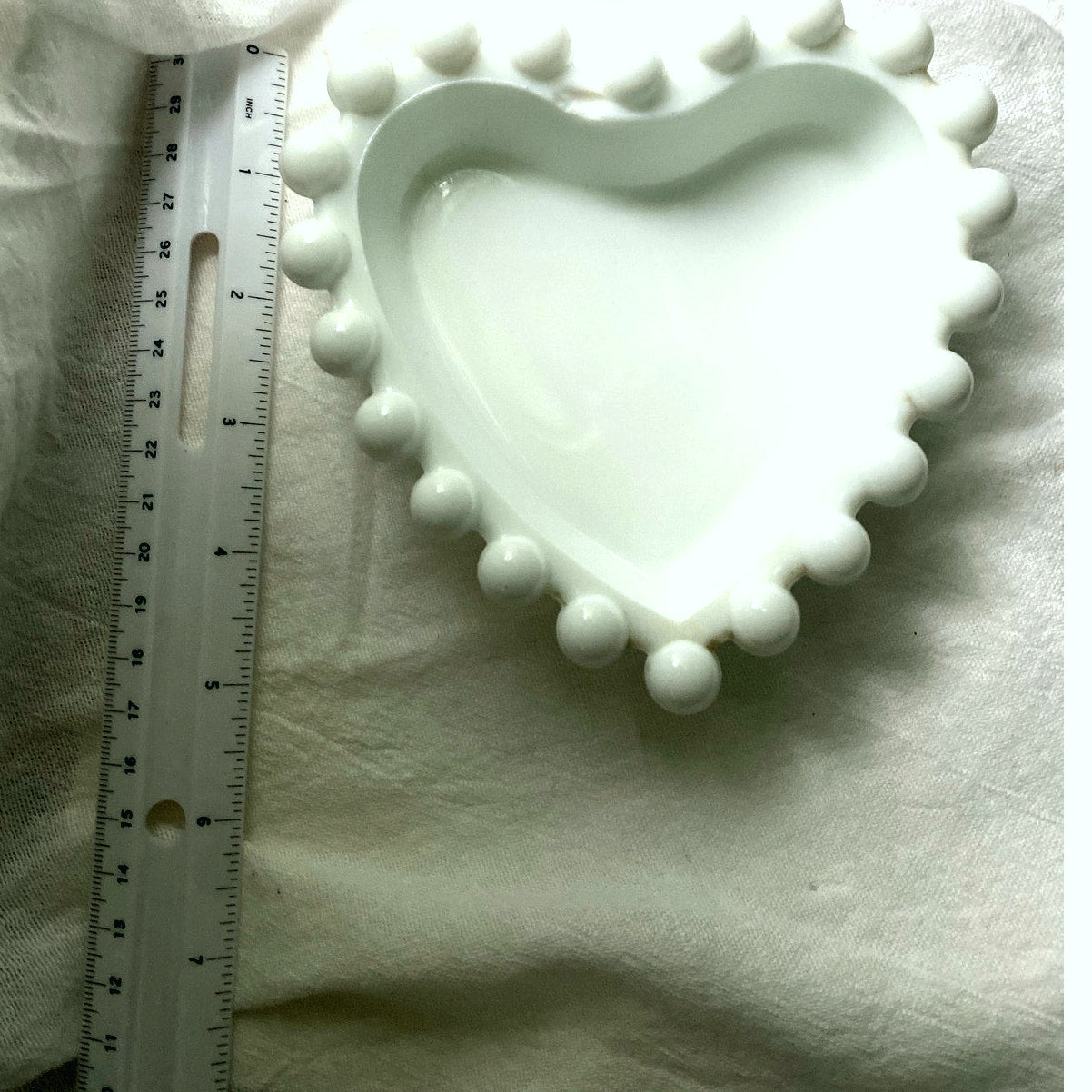 White Heart shaped Trinket Dish with Beaded Edge Ceramic ring holder Gift for person