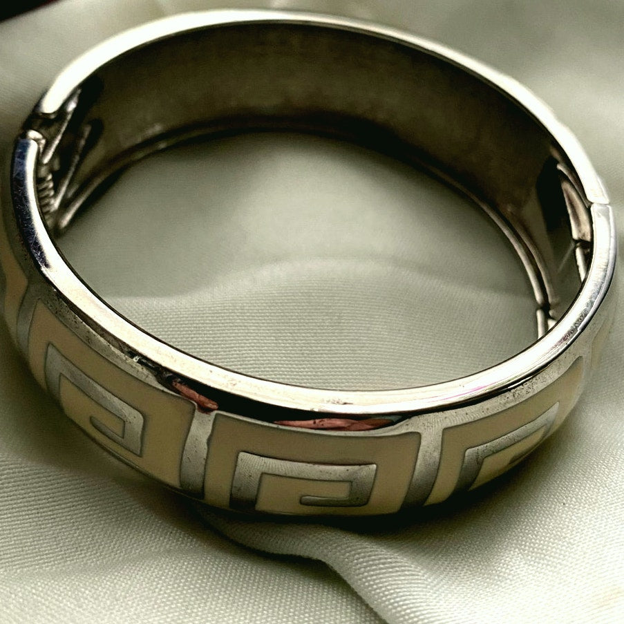 Vintage Greek key bangle Bracelet Cream enamel and silver tones midcentury retro