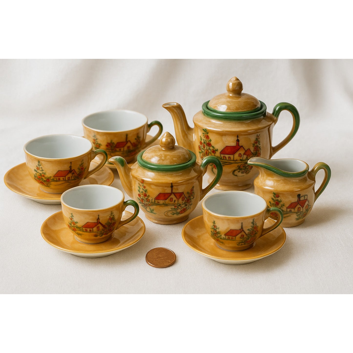 Vintage Japanese Lusterware Tea Set Iridescent Peach with church scene childrens