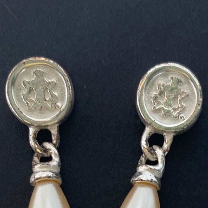 Vintage Faux Peral Teardrop Earrings Silver Crest Medallion Pierced Dangles