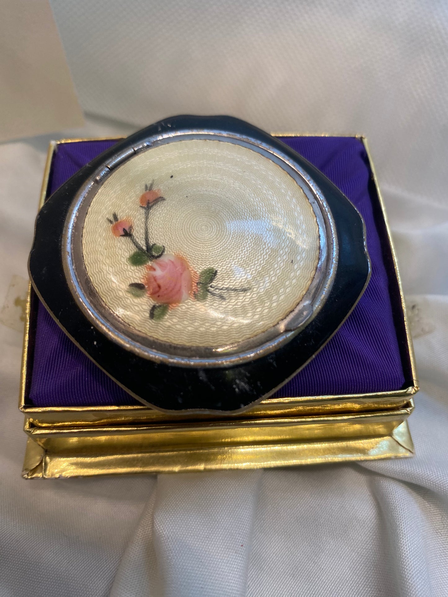 Evan’s Compact black enamel with Guilloche floral design powder
