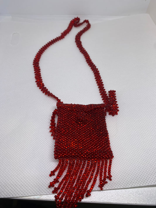 Beaded Garnet seed bead bag necklace medicine purse,