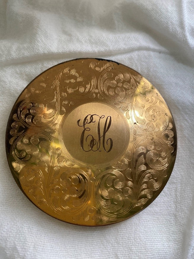Gold tone vintage compact engraved EM