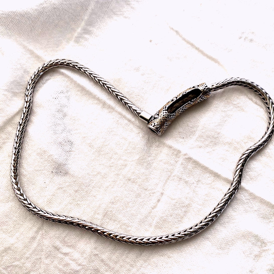 Vintage sterling silver and 18 karat gold accent, wheat chain necklace, or Nate Barr pendant, designer style, two tone, jewelry 