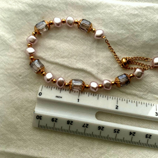 Vintage style pearl and crystal beaded bracelet gold accents adjustable chain, elegant gift for her.