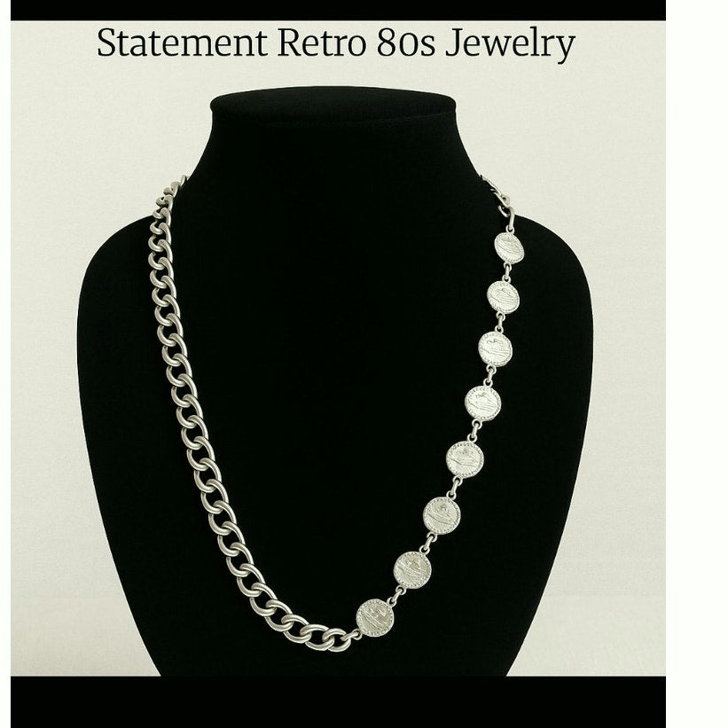 Vinatge Coin Medallion chain Necklace Silver tone curb link and embossed coin