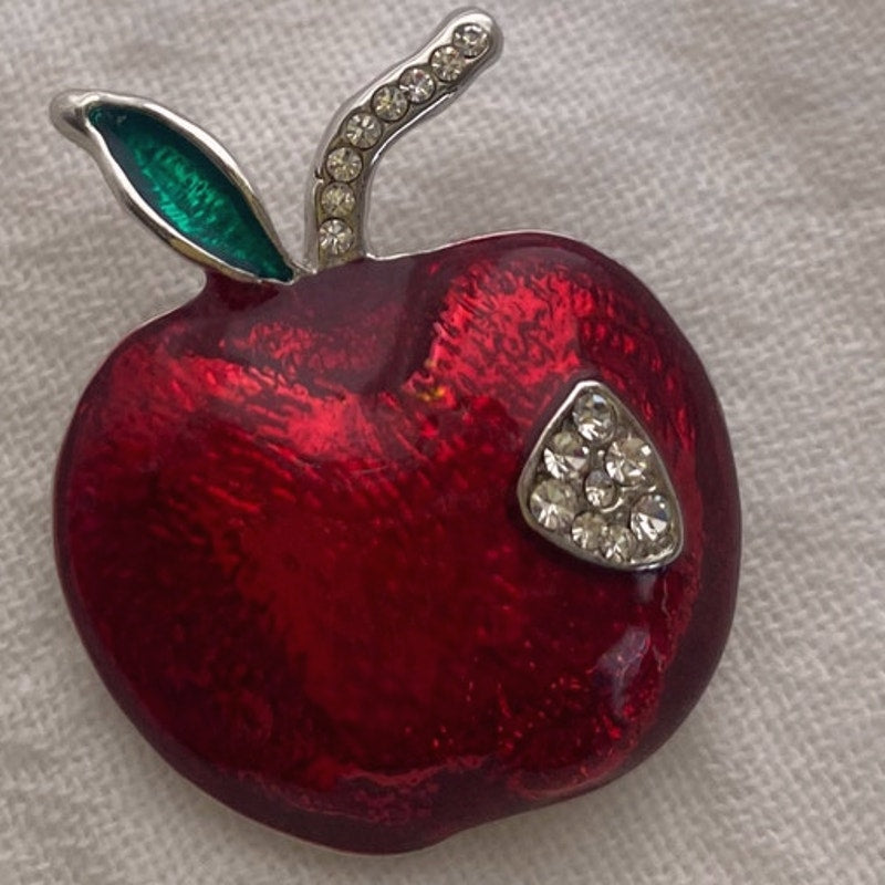 Vintage Red Enamel Apple Forbidden Fruit Rhinestone brooch pin teacher
