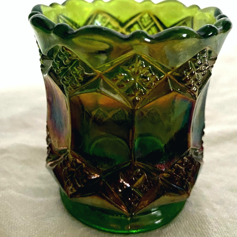 Vintage Imperial Helios Green Carnival Glass Three in one Pattern Iridescent Glass