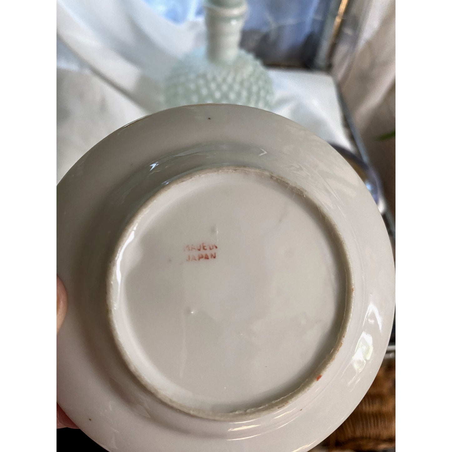 Vintage Japanese Lusterware Tea Set Iridescent Peach with church scene childrens