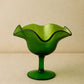Vintage green glass Compote ruffled edges Pedestal bowl elegant art glass piece