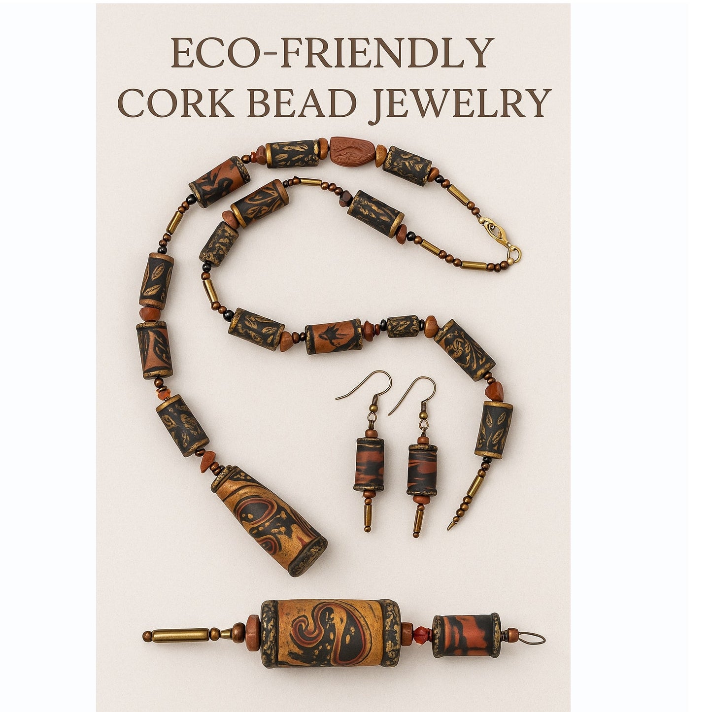 Hand painted Cork Bead Necklace and Earrings Earthy Artisan Boho Jewelry set