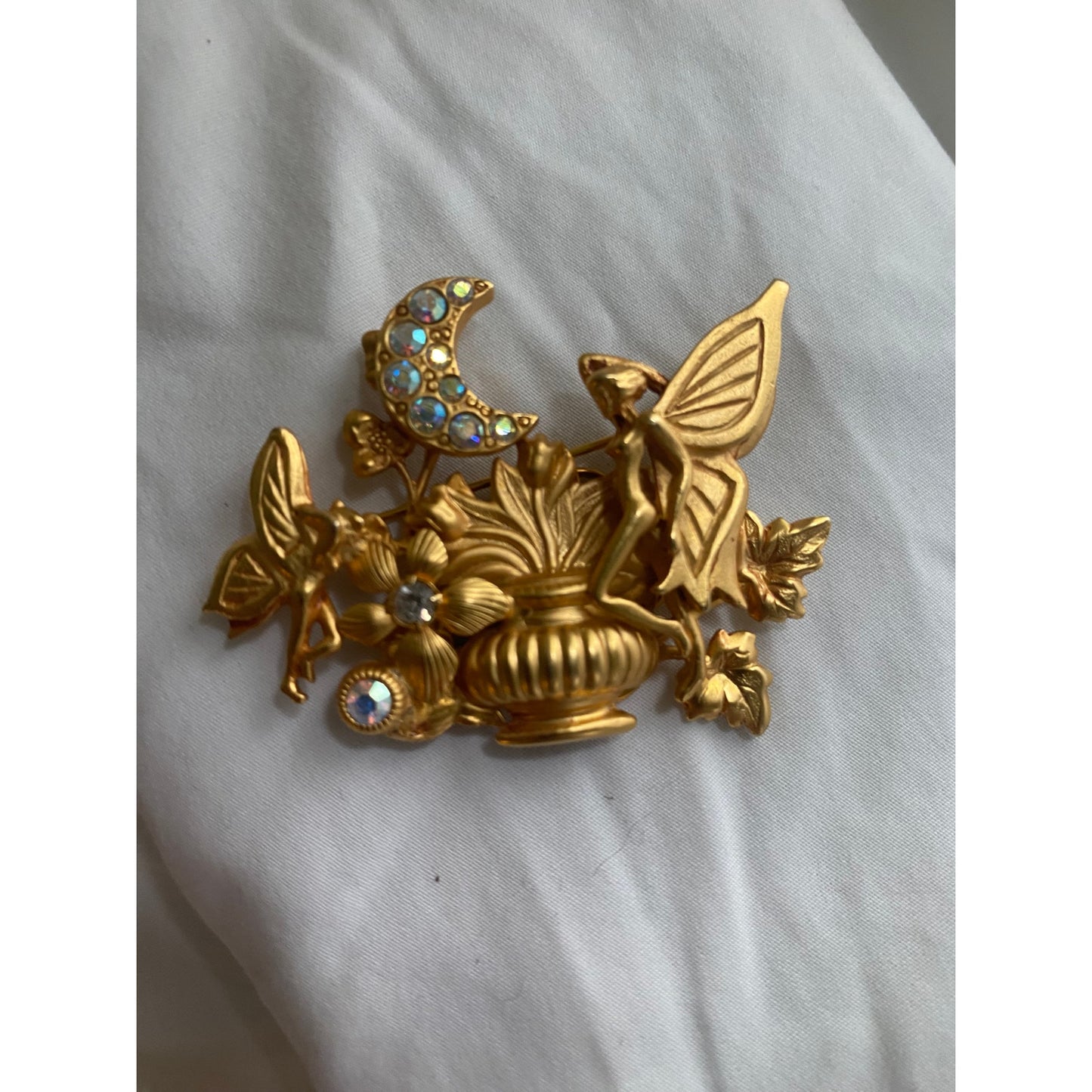 Vintage Kirks Folly Rhinestone Fairy Moon Brooch goldtone Celestial magic