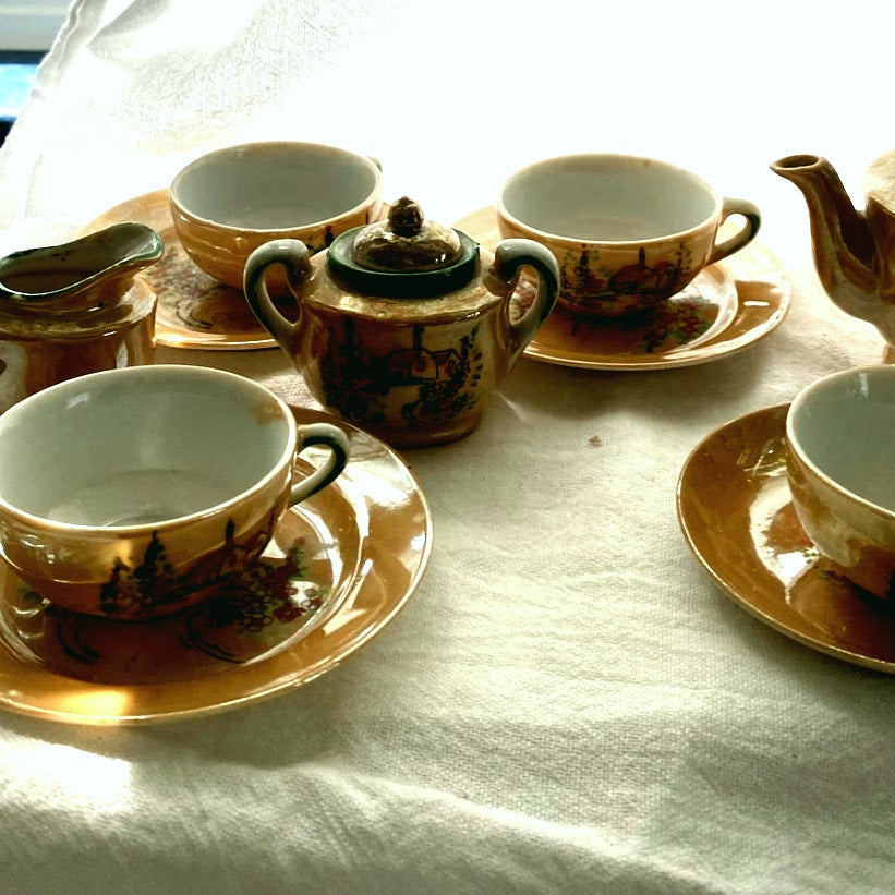 Vintage Japanese Lusterware Tea Set Iridescent Peach with church scene childrens