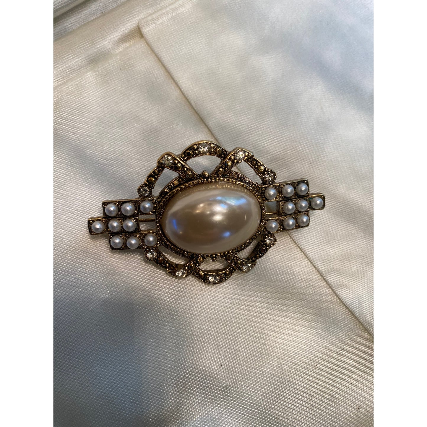 Gold tone faux milky white pearl filigree brooch Victorian design