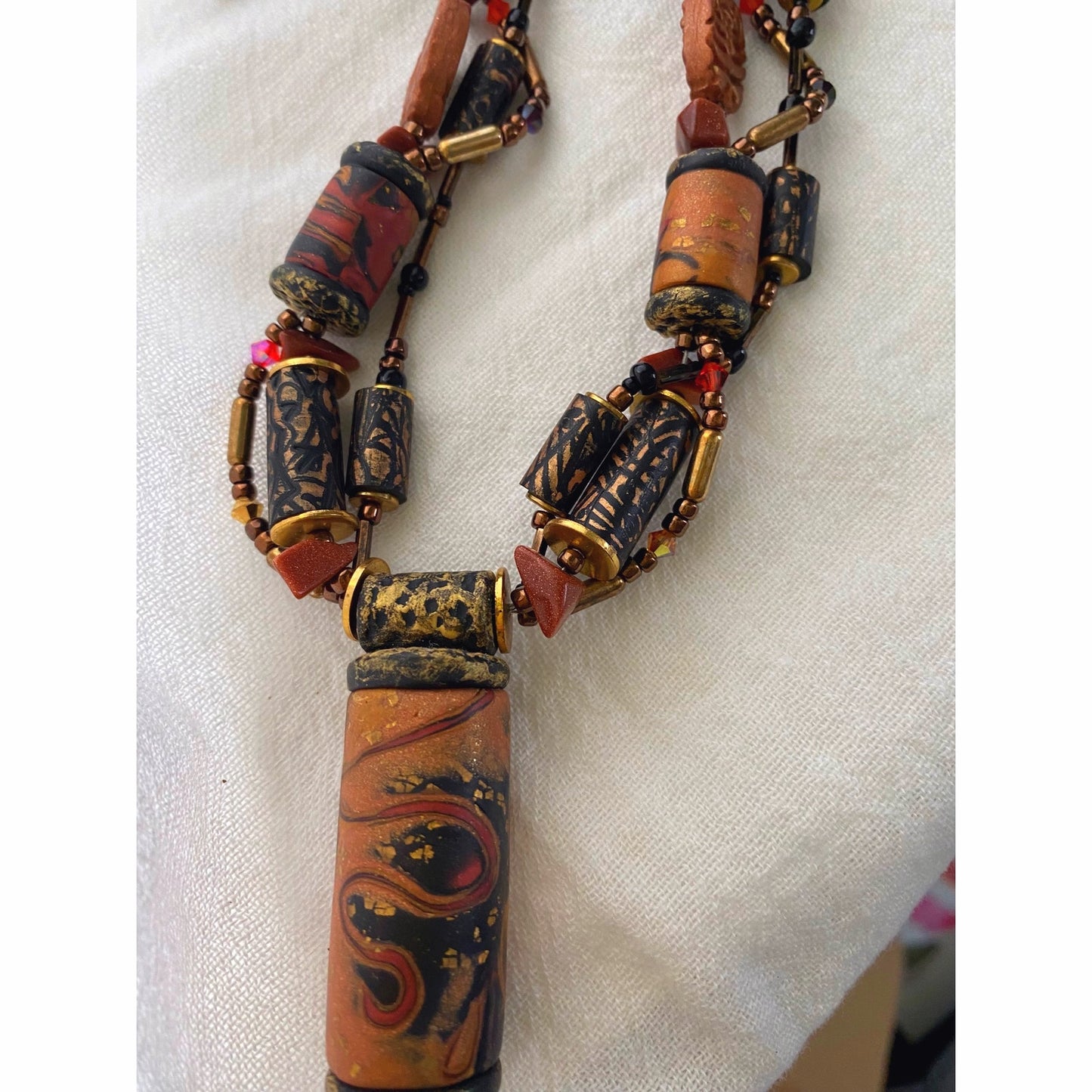 Hand painted Cork Bead Necklace and Earrings Earthy Artisan Boho Jewelry set