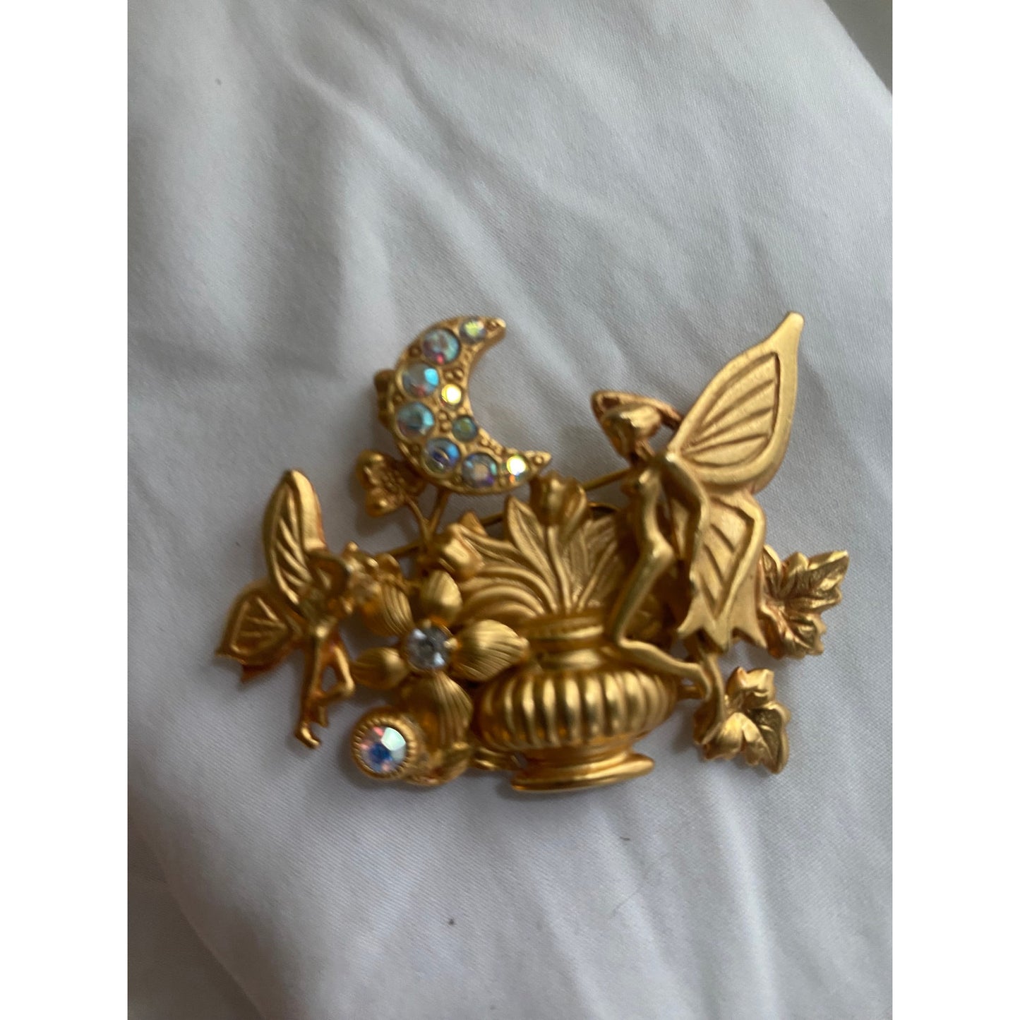 Vintage Kirks Folly Rhinestone Fairy Moon Brooch goldtone Celestial magic