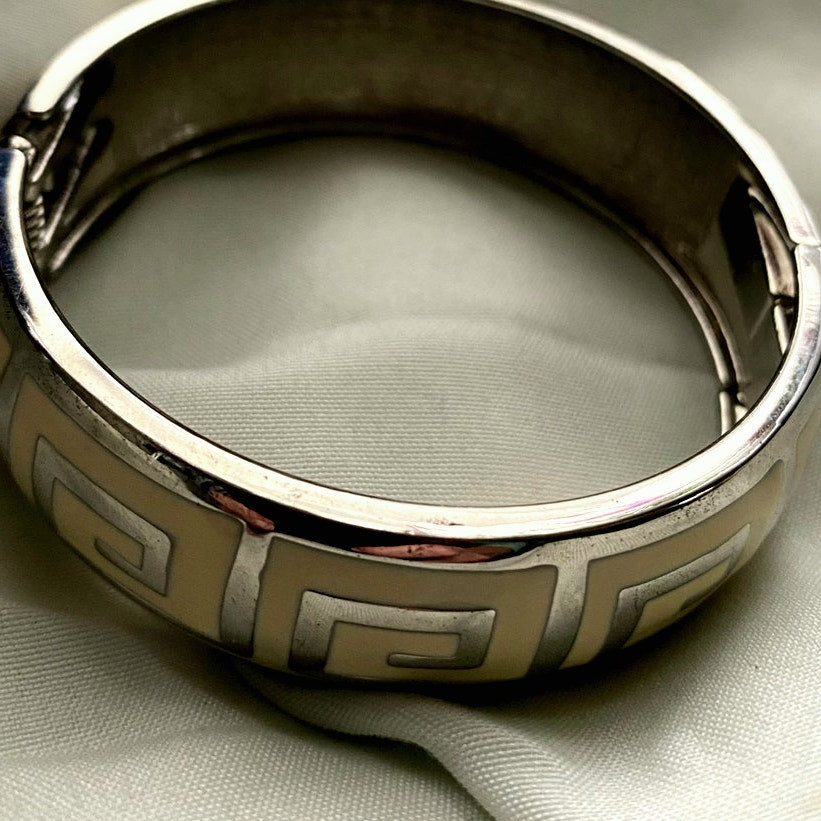 Vintage Greek key bangle Bracelet Cream enamel and silver tones midcentury retro