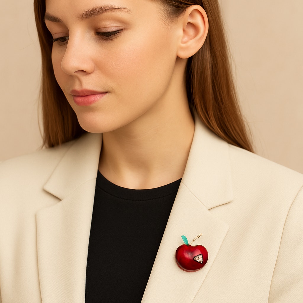 Vintage Red Enamel Apple Forbidden Fruit Rhinestone brooch pin teacher