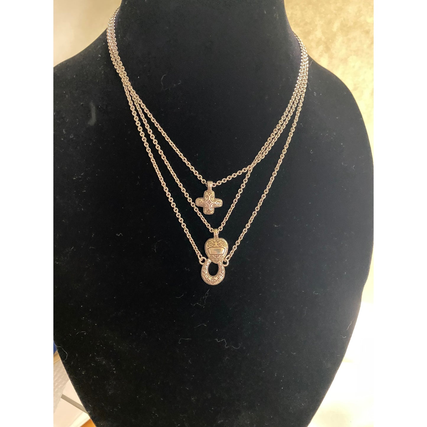 Brighton Silver 3 Strand Horsehoe Heart cross Necklace