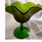 Vintage green glass Compote ruffled edges Pedestal bowl elegant art glass piece