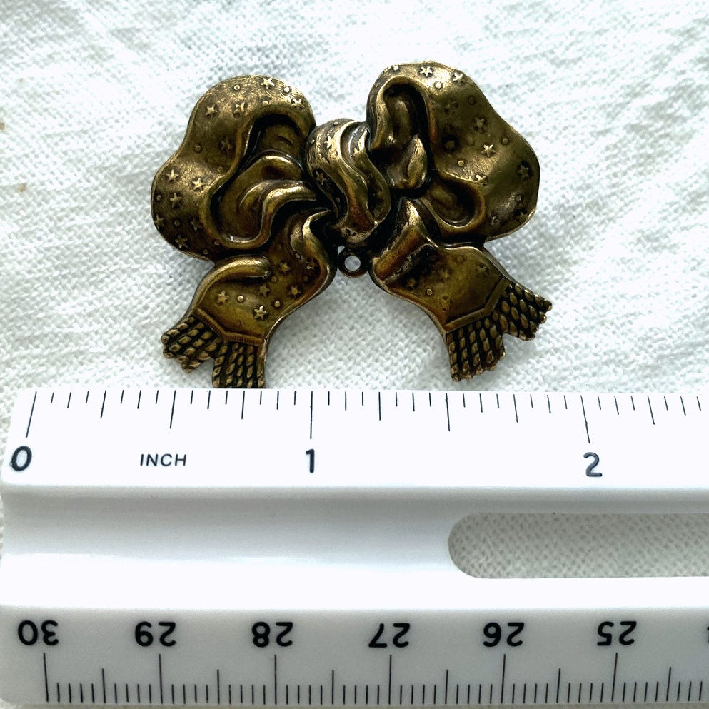 Vintage Brass Bow Brooch Textured Ribbon pin with etched fringe details