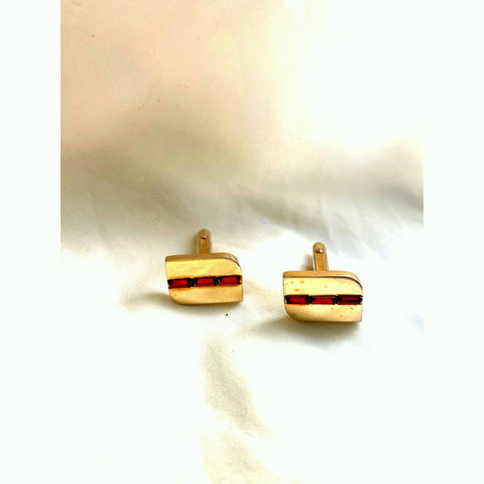 Vintage Yellow Gold-Plated Cuff links with red garnet inlay Classic mens Gift for him