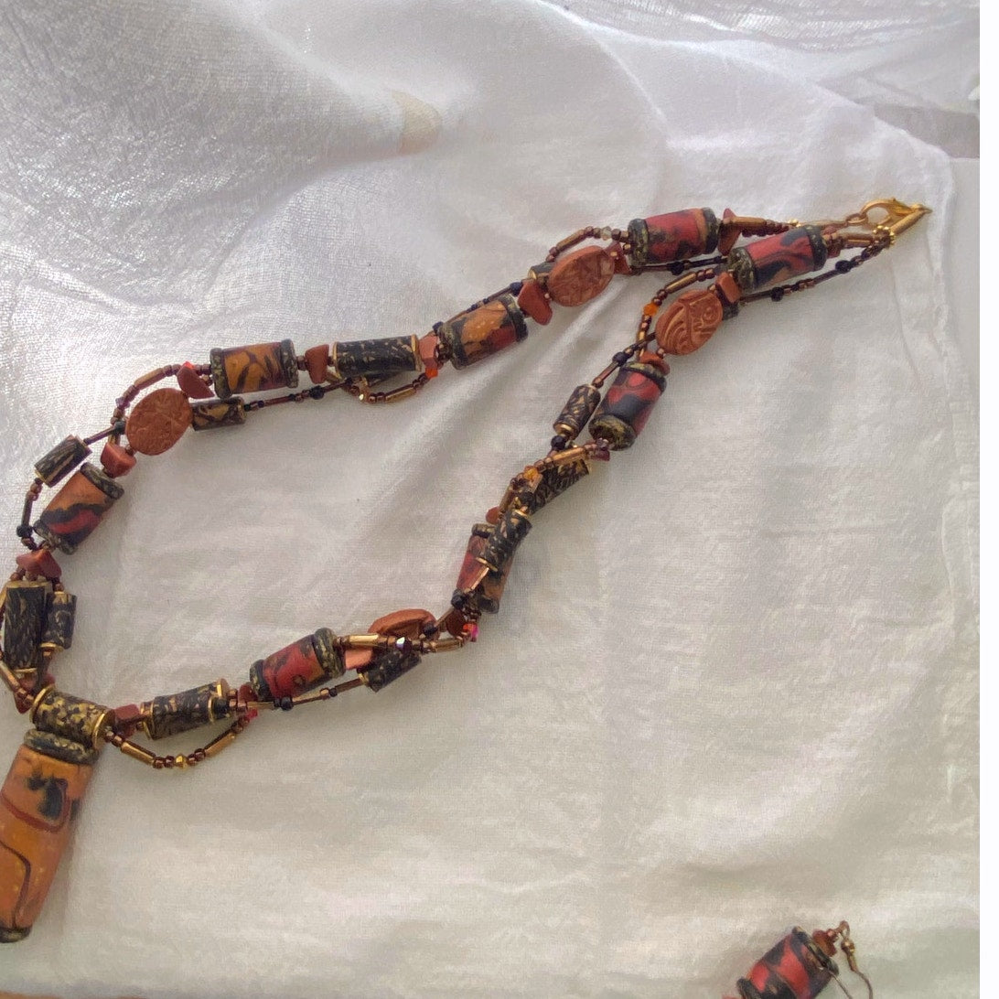 Hand painted Cork Bead Necklace and Earrings Earthy Artisan Boho Jewelry set