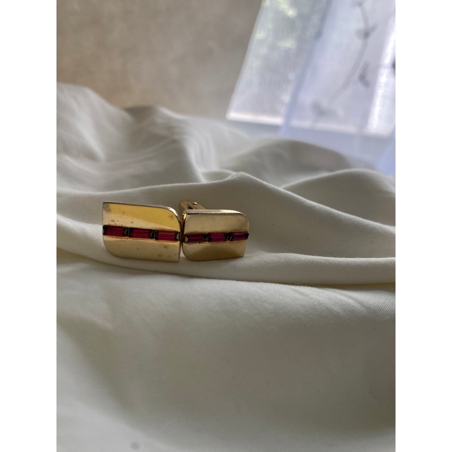 Vintage Yellow Gold-Plated Cuff links with red garnet inlay Classic mens Gift for him