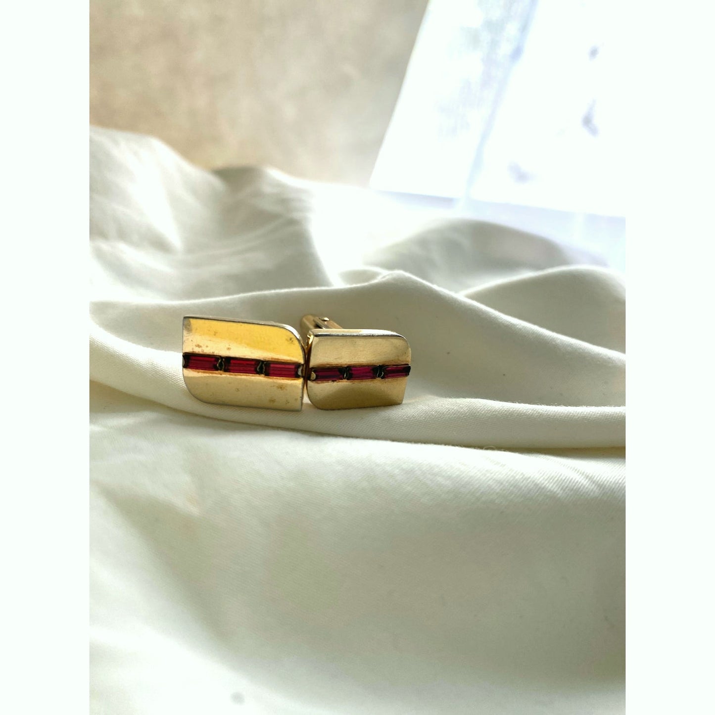 Vintage Yellow Gold-Plated Cuff links with red garnet inlay Classic mens Gift for him