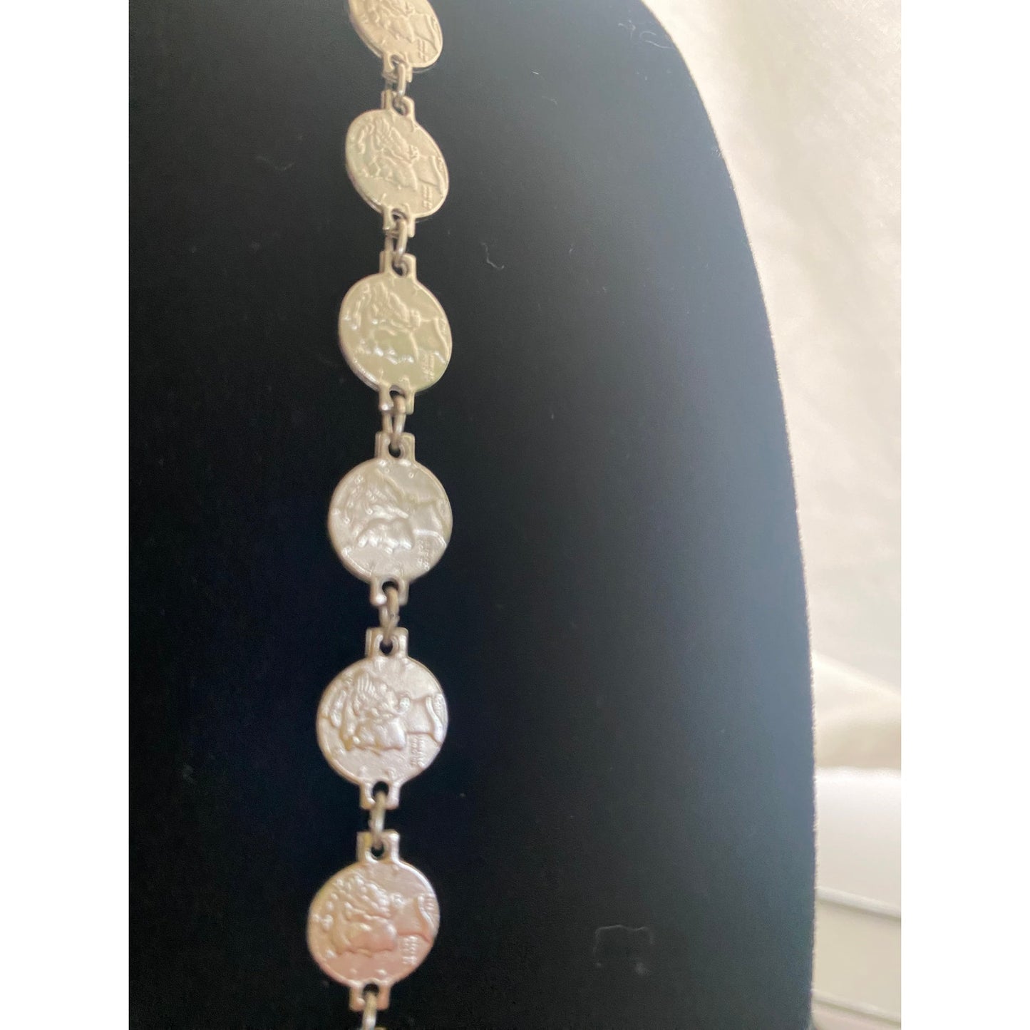 Vinatge Coin Medallion chain Necklace Silver tone curb link and embossed coin