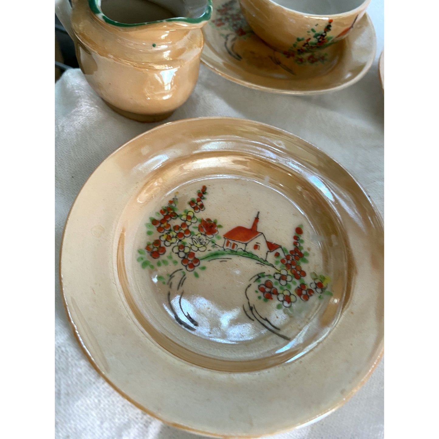 Vintage Japanese Lusterware Tea Set Iridescent Peach with church scene childrens