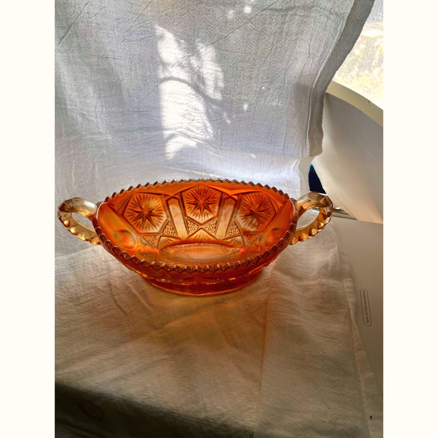 Aber Carnival Glass Candy dish Double handed footed bowl Starburst Pattern